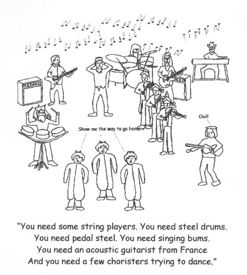 The bums are clearly triplets, and they're wearing trench coats, so maybe they're not bums so much as perverts, but there isn't a lot that rhymes with "perverts" and besides perverts don't so much sing.